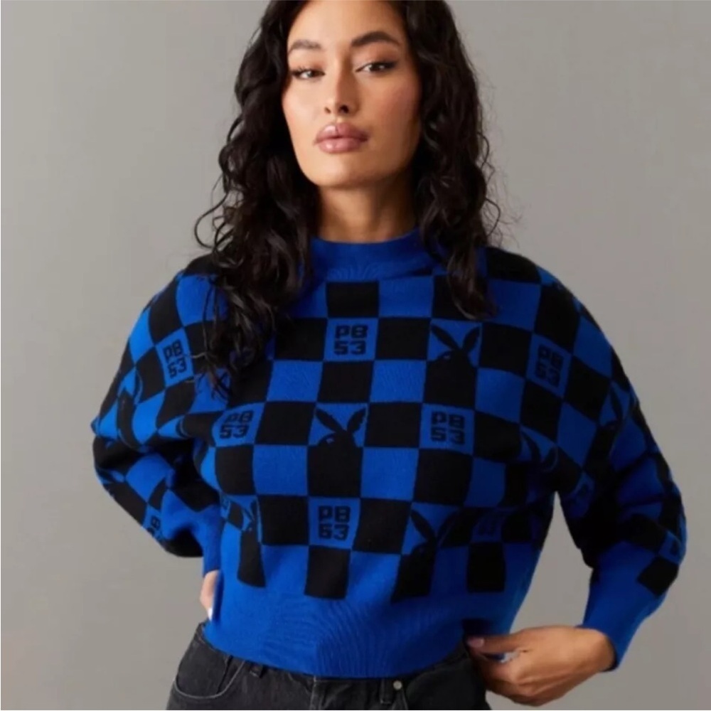 Playboy Checkered Knit Crop Sweater Blue/Black Sz XL